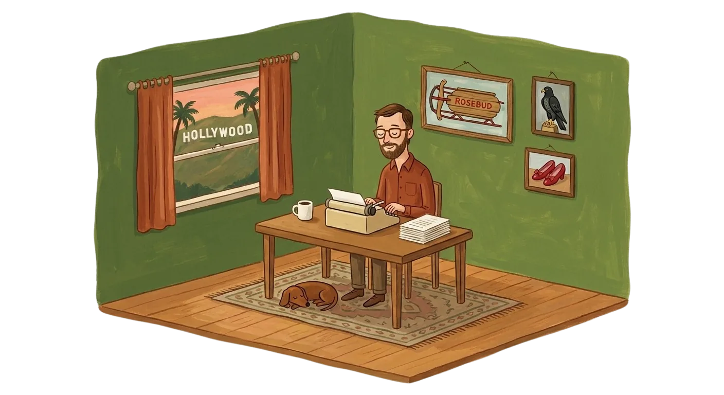 A hand-painted folk-art dollhouse room: a slim bearded writer in a rust button-down and brown glasses sits at a four-legged table typing on a cream typewriter with a content grin, a brown dachshund sleeping under the table on a patterned rug, rust curtains framing a window with the Hollywood sign and palm trees at dusk, and three framed paintings on the crocodile-green back wall — the Rosebud sled, the Maltese Falcon statue, and the Ruby Slippers.